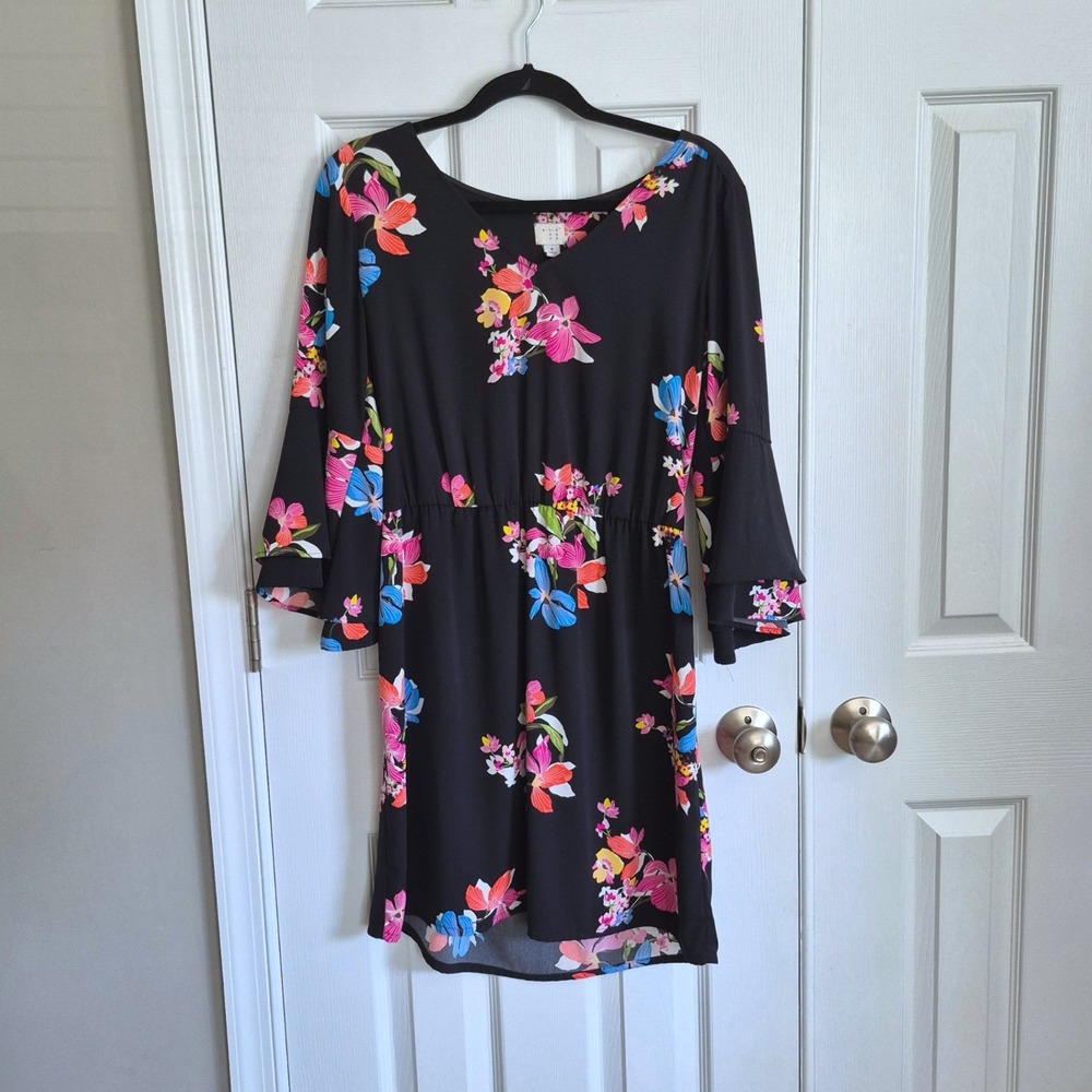 Black multicolor floral bell seeve shirt dress womens medium a new day